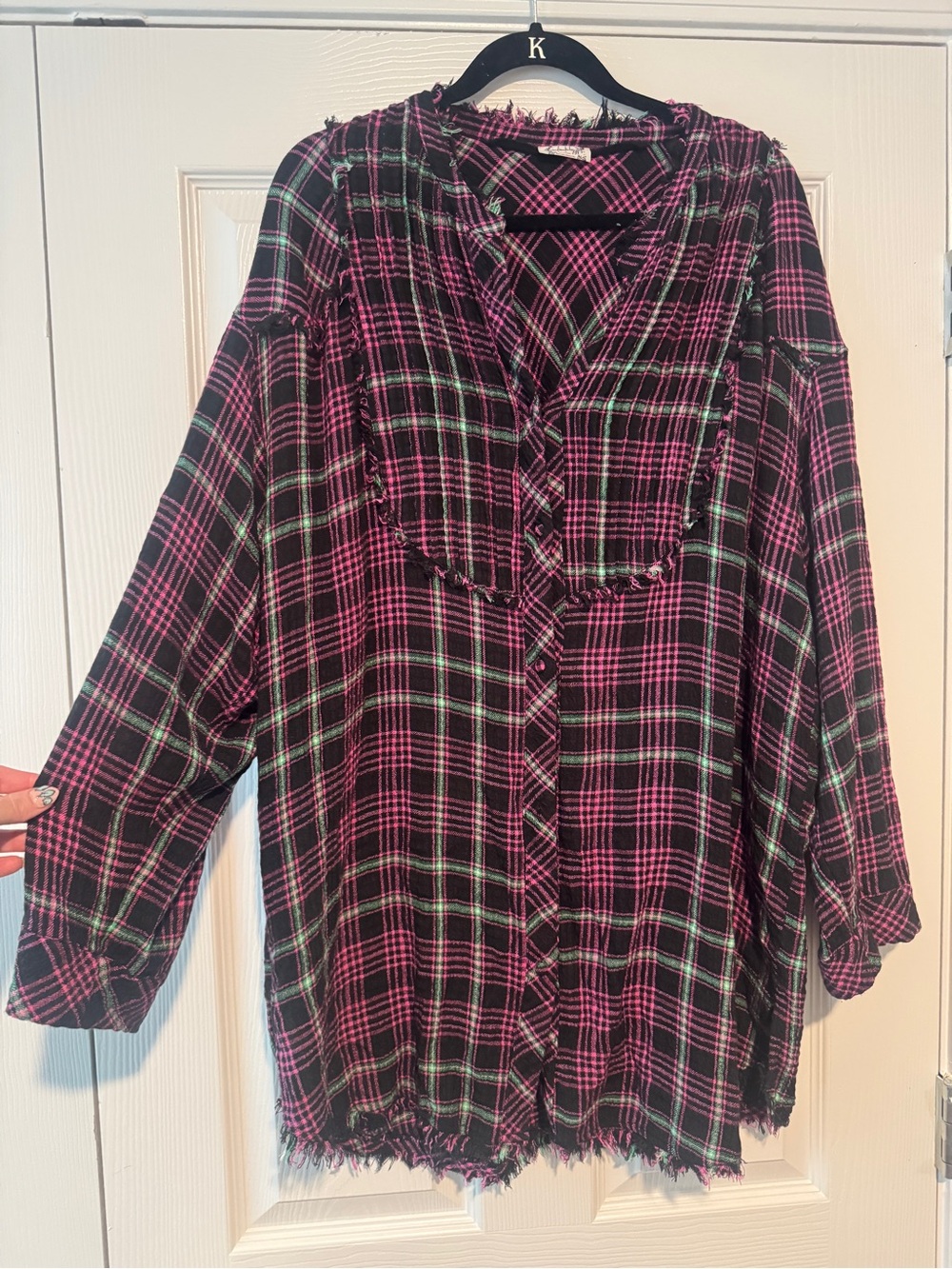 Free People Pink and Black Plaid Fringe Tunic